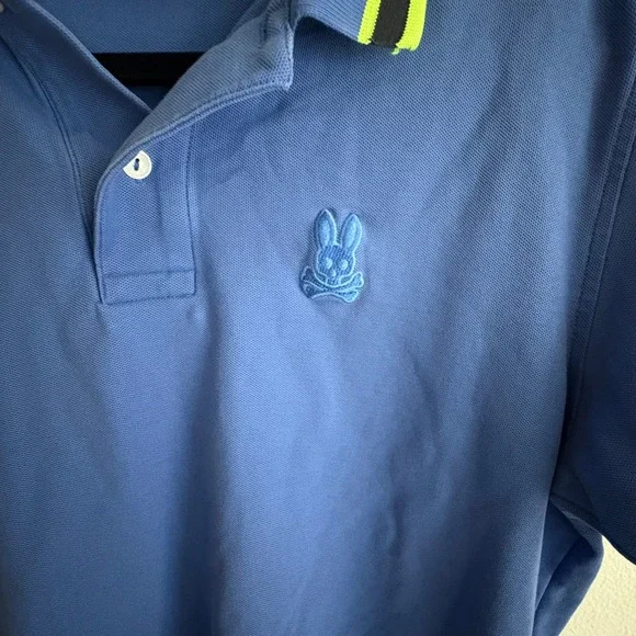 Psycho Bunny Mens Blue Pima Cotton Short Sleeve Polo Shirt Neon Trim Size 6 L - Picture 2 of 5